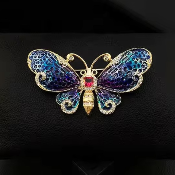 Anthropologie Luxury Elegant Blue Gold Butterfly Brooch - Picture 3 of 10